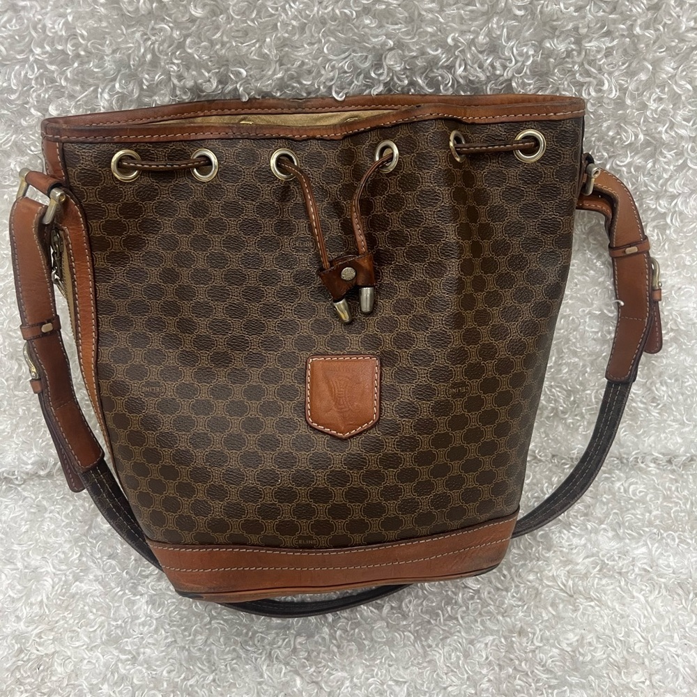 Celine Drawstring Macadam Triomphe Bucket Bag Lea… - image 1